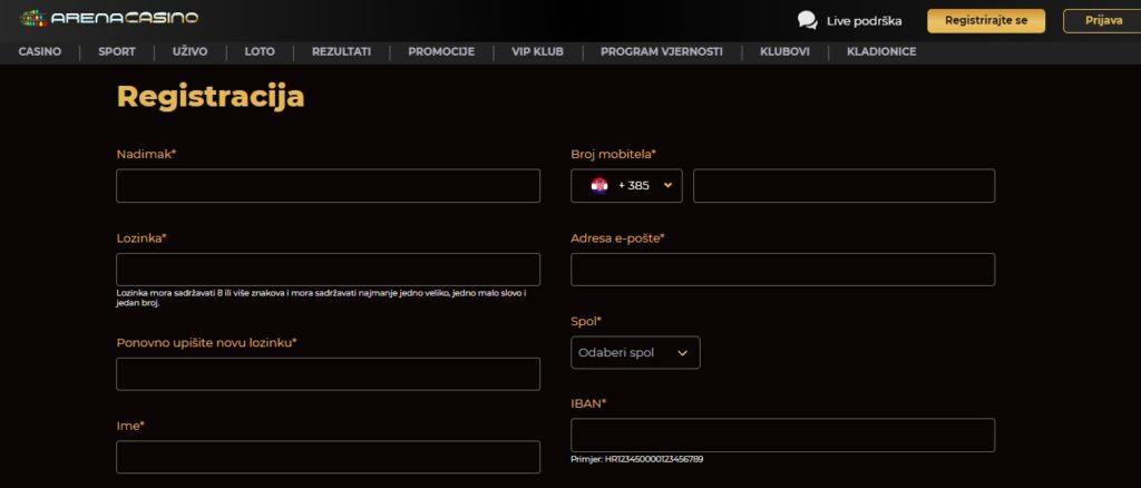 Arena Casino registracija