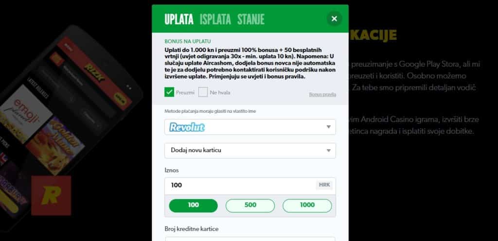 Rizk Casino metode plaćanja